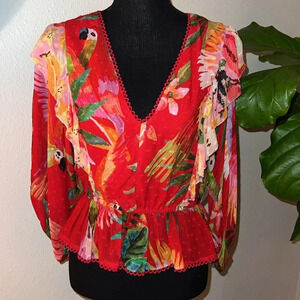 FARM Rio Women’s Macaw Mix Galena Blouse Ruffles, Puff Sleeves Size Medium